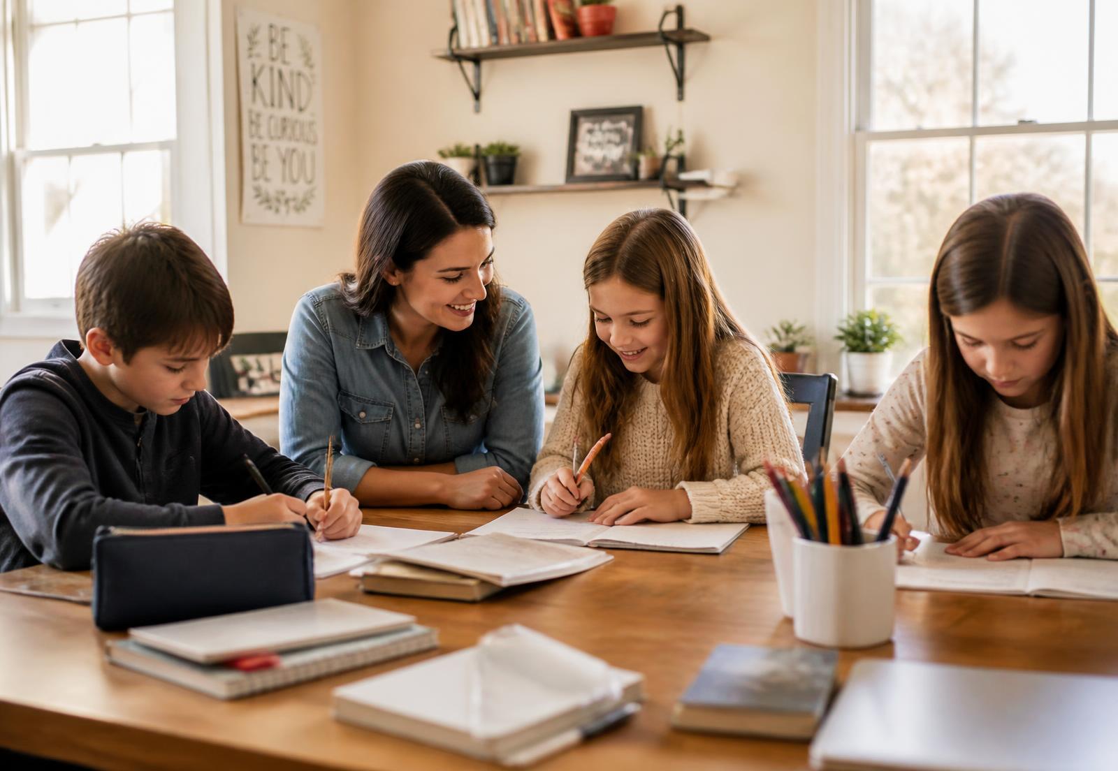 Students working with a tutor at a shared table in a sunlit learning room